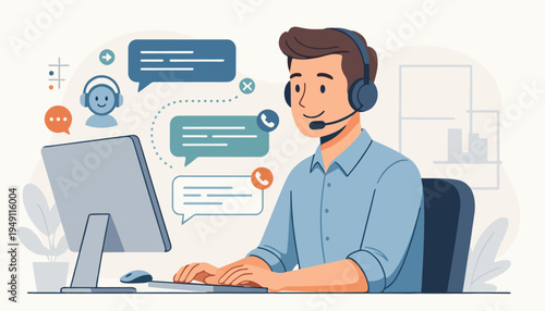 Customer service agent wearing headset working at a computer with artificial intelligence chatbot assistance, featuring floating message bubbles and robot icon in a flat vector style.