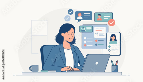 Female human resources manager in a business suit at an office desk using a laptop to review candidate profiles and resumes with artificial intelligence recruitment software icons.
