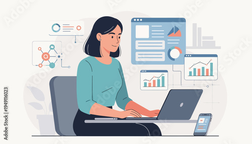 Vector illustration of a woman marketing specialist sitting at a desk using a laptop to analyze artificial intelligence data insights with floating charts and graphs.