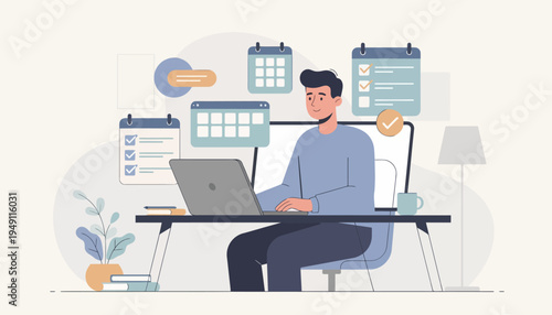 Flat vector illustration of a man working on a laptop at a desk with floating calendar icons, task checklists, and scheduling widgets for productivity and time management.