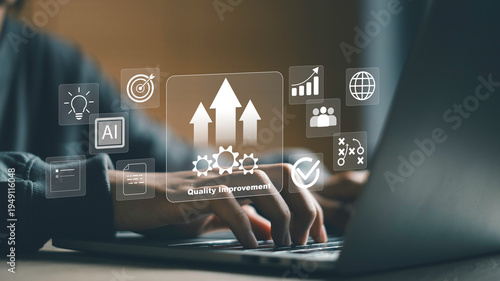 Quality improvement, workflow management and business performance. Business professional using laptop analyzing digital dashboard AI, strategy planning, productivity system and efficiency growth.