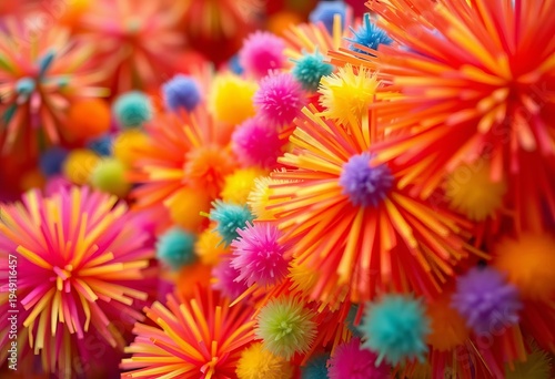 Brightly colored pom poms in motion, close-up view,  accessories,  vibrant