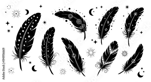 Enchanted Wizard Feather Collection with Magical Sparkles and Arcane Symbols