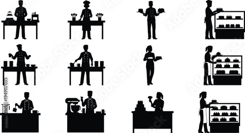 Baker and pastry chef silhouette set, people baking cakes, desserts and pastries, bakery shop workers vector illustration collection