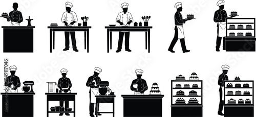 Bakery chef and pastry maker silhouettes, baking cakes and desserts, pastry shop workers, bakery kitchen vector illustration set