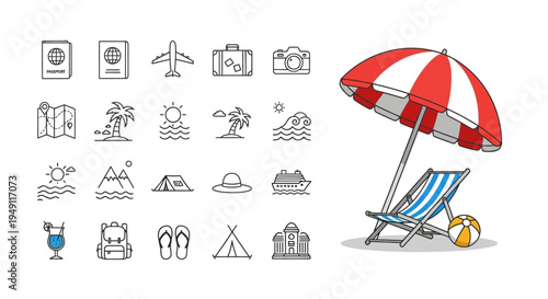 Travel and vacation line icons with beach holiday elements on bright studio background