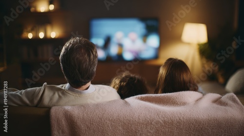 Cozy family evening watching tv together in warm, relaxing living room