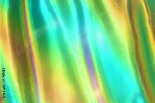 Y2K holographic metallic background with iridescent chrome surface, rainbow light refraction and liquid mercury seamless gradient texture