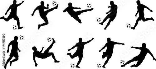 Set of 10 soccer player silhouettes hitting ball