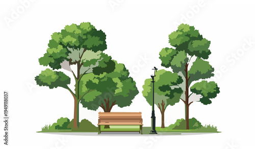 Peaceful urban park vector illustration with bench lamppost and lush trees on a sunny day
