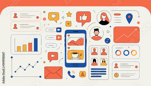 This vibrant vector illustration showcases essential digital marketing elements and social media interaction icons surrounding a central mobile phone interface design