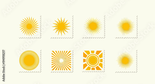 Collection of various sunburst icons and symbols.