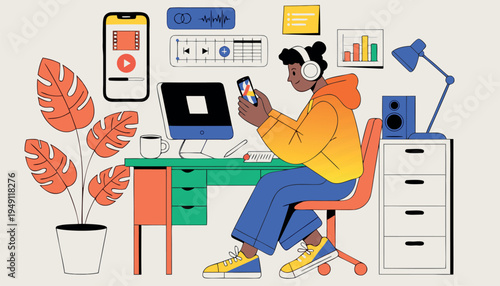 Young person wearing headphones interacting with a smartphone while seated at a desk filled with various electronic devices and creative tools