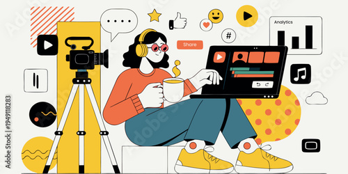 Modern vector illustration of a young woman creating online content, streaming live videos, and managing social media platforms with a laptop and professional camera setup.