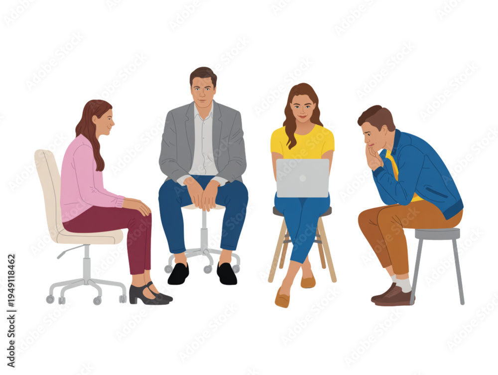 Fototapeta premium Group of diverse people sitting together, business meeting and collaboration concept minimalist vector illustration for design