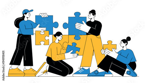 Diverse group of four stylized people collaborate together fitting large blue and yellow puzzle pieces symbolizing teamwork and problem solving in a graphic illustration design