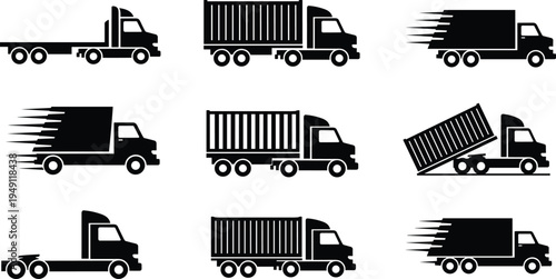 Cargo truck silhouette icons, delivery transport vehicles collection including container trucks dump trucks logistics shipping transportation vector illustration set