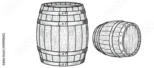 Wood Barrel for Wine or Beer Hand Drawn Ink Illustration
