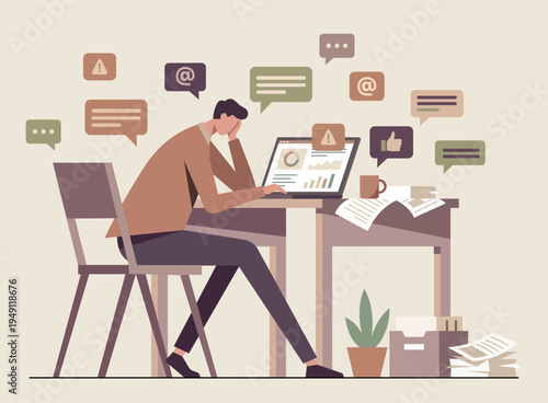 Stressed man overwhelmed by work and digital notifications at his desk in a flat vector illustration style.