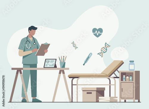 Professional male doctor checking a clipboard in a medical clinic with healthcare symbols and equipment.