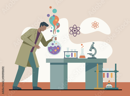 Scientist conducting a chemical experiment in a laboratory with test tubes and microscope in flat style.
