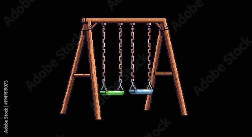 A wooden swing set with chains.