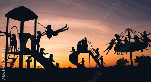 Silhouette of children playing on playground.