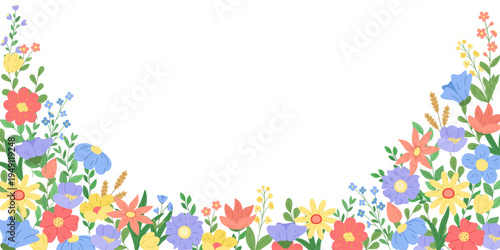 Flower banner frame or greeting card. Vector banner template with garden and wildflowers and leaf branches.