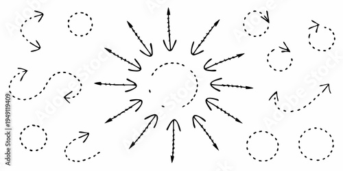 Black and white illustration of radiating arrows and dotted circles