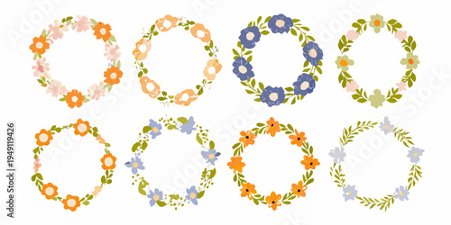 Eight floral wreaths in various pastel colors and floral arrangements