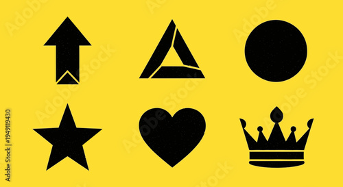 Collection of black geometric and royal symbols on yellow background.