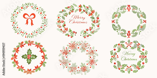 Collection of watercolor christmas wreaths with berries and ribbons