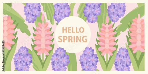 A spring greeting card featuring hyacinths and a pastel background