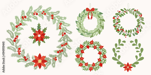 Festive christmas wreath collection with poinsettia and berry decorations