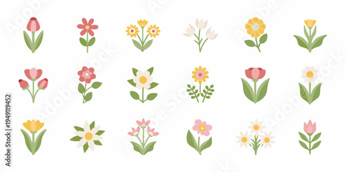 Colorful assortment of cartoon flowers arranged in a grid pattern