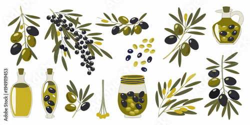 An assortment of olives olive branches and olive oil bottles