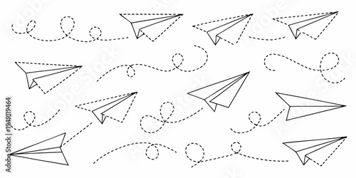 Several paper airplanes fly across a white background with dotted trails