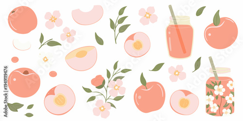 Stylized illustration of peaches blossoms and refreshing peach drinks