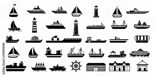 Collection of black silhouette icons depicting various boats ships and nautical structures