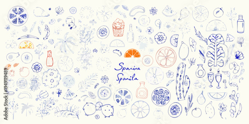 Doodle style illustration of spanish food drinks and botanical elements