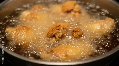 Golden Fried Chicken Pieces Cooking in Hot Oil in a Pan.