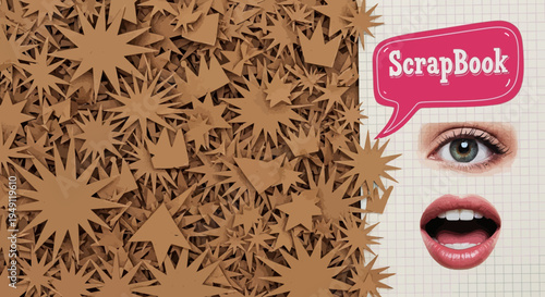 Creative scrapbooking with decorative paper and face.