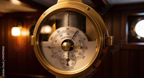 Close-up of a vintage brass aneroid barometer with a detailed dial measuring atmospheric pressure, showcasing historical scientific measurement.