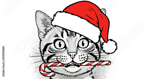 A cat wearing a Santa hat with candy cane.