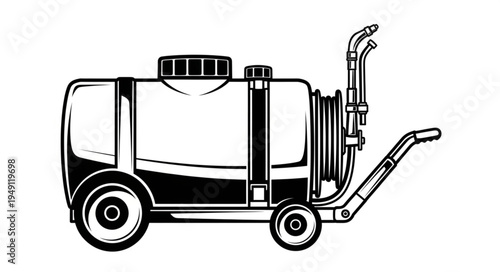 Detailed Illustration of a Wheeled Sprayer with Tank and Hose.