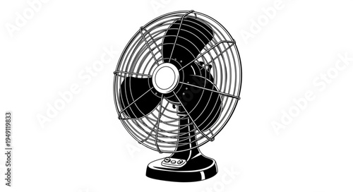 Vintage Electric Fan Illustration with Intricate Wire Cage Design.
