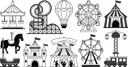 Black and white amusement park vector illustration set featuring Ferris wheel, roller coaster, carousel, carnival tents, circus castle, and hot air balloon icons
