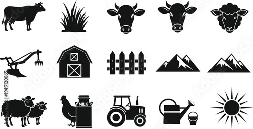 Farm and agriculture icon set, cows, sheep, chicken, barn, tractor, watering can, sun, mountains, milk, crops, rural vector collection