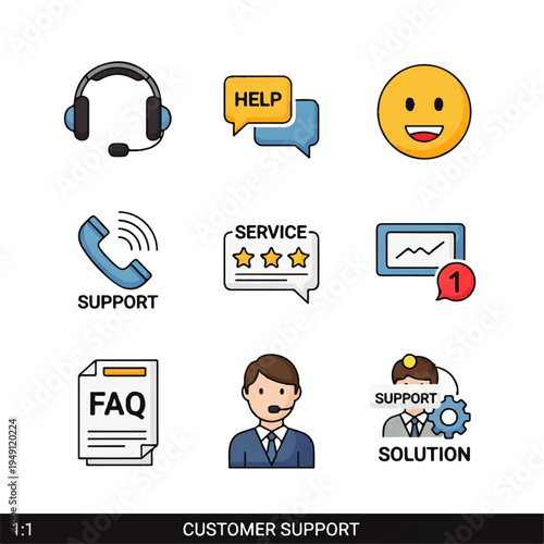 A flat design illustration vector graphic depicting various customer support icons on a clean white background, conveying a helpful and friendly mood with a minimalist style.