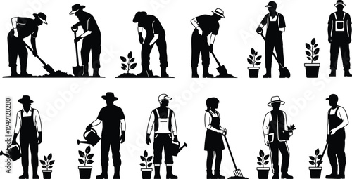 Farmers and gardeners working silhouettes, planting, digging, watering plants, agriculture and gardening vector set, rural lifestyle, farm and horticulture icons